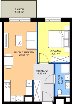 2 pokoje, mieszkanie 42,37 m², piętro 2, oferta nr A/11, Osiedle Wilno 9.2, Warszawa, Targówek, Elsnerów, ul. Rudnicka