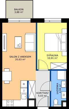2 pokoje, mieszkanie 40,44 m², piętro 3, oferta nr B/45, Osiedle Wilno 9.2, Warszawa, Targówek, Elsnerów, ul. Rudnicka