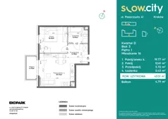 2 pokoje, mieszkanie 43,51 m², piętro 1, oferta nr D3-16, Slow City - Etap D, Kraków, Prądnik Biały, ul. Piaszczysta 39 - 41