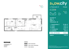 3 pokoje, mieszkanie 75,00 m², piętro 2, oferta nr D3-22, Slow City - Etap D, Kraków, Prądnik Biały, ul. Piaszczysta 39 - 41