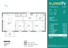 4 pokoje, mieszkanie 76,26 m², piętro 1, oferta nr E-57, Slow City - Etap E, Kraków, Prądnik Biały, ul. Piaszczysta 43