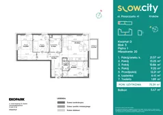 4 pokoje, mieszkanie 75,39 m², piętro 1, oferta nr D3-20, Slow City - Etap D, Kraków, Prądnik Biały, ul. Piaszczysta