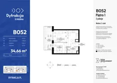 2 pokoje, mieszkanie 34,66 m², piętro 1, oferta nr B052, Dyfrakcja Łódzka, Łódź, Widzew, ul. Wodna 3