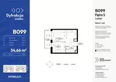 2 pokoje, mieszkanie 34,66 m², piętro 5, oferta nr B099, Dyfrakcja Łódzka, Łódź, Widzew, ul. Wodna 3