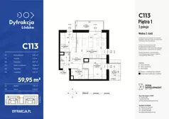3 pokoje, mieszkanie 59,95 m², piętro 1, oferta nr C113, Dyfrakcja Łódzka, Łódź, Widzew, ul. Wodna 3