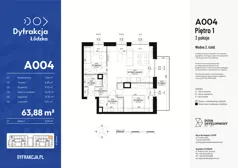 3 pokoje, mieszkanie 63,88 m², piętro 1, oferta nr A004, Dyfrakcja Łódzka, Łódź, Widzew, ul. Wodna 3