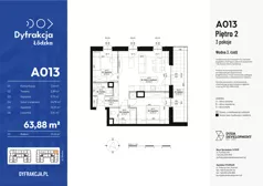 3 pokoje, mieszkanie 63,88 m², piętro 2, oferta nr A013, Dyfrakcja Łódzka, Łódź, Widzew, ul. Wodna 3