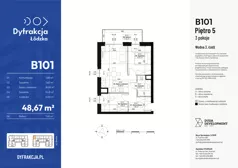 3 pokoje, mieszkanie 48,67 m², piętro 5, oferta nr B101, Dyfrakcja Łódzka, Łódź, Widzew, ul. Wodna 3