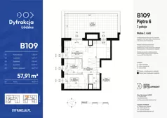 3 pokoje, mieszkanie 57,91 m², piętro 6, oferta nr B109, Dyfrakcja Łódzka, Łódź, Widzew, ul. Wodna 3