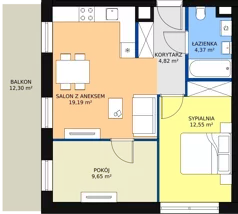 3 pokoje, mieszkanie 50,58 m², parter, oferta nr B.1.2, Osiedle Kwintet, Warszawa, Białołęka, Grodzisk, ul. Podwójna 2, 4, 6, 8, 10
