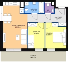 3 pokoje, mieszkanie 59,98 m², piętro 1, oferta nr B.1.11, Osiedle Kwintet, Warszawa, Białołęka, Grodzisk, ul. Podwójna 2, 4, 6, 8, 10