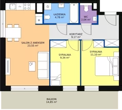3 pokoje, mieszkanie 59,98 m², piętro 2, oferta nr B.2.16, Osiedle Kwintet, Warszawa, Białołęka, Grodzisk, ul. Podwójna 2, 4, 6, 8, 10