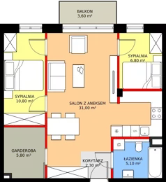 3 pokoje, mieszkanie 61,80 m², piętro 2, oferta nr B2.33, Osiedle Zielony Zakątek - Etap II, Wołomin, ul. Legionów 142A/144