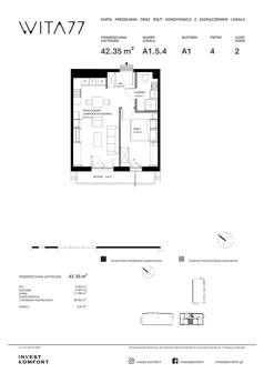 2 pokoje, mieszkanie 42,35 m², piętro 4, oferta nr WITA_A_A1.5.4, Wita 77, Gdańsk, Strzyża, ul. Wita Stwosza 77
