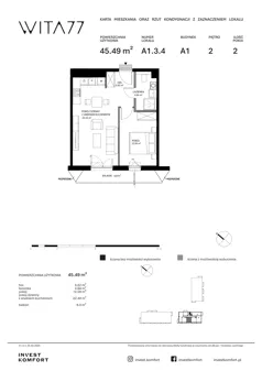 2 pokoje, mieszkanie 45,49 m², piętro 2, oferta nr WITA_A_A1.3.4, Wita 77, Gdańsk, Strzyża, ul. Wita Stwosza 77