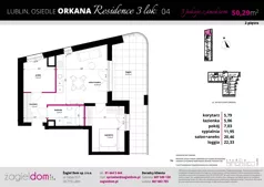 3 pokoje, mieszkanie 50,29 m², piętro 2, oferta nr A1/04, Orkana Residence III Etap, Lublin, Czuby Północne, Czuby Północne, ul. Orkana