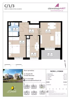 2 pokoje, mieszkanie 47,28 m², piętro 1, oferta nr C/1/3, Limone, Wrocław, Jagodno, ul. F. P. Schuberta