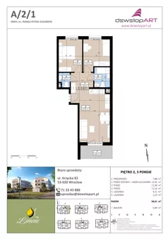 3 pokoje, mieszkanie 58,61 m², piętro 2, oferta nr A/2/1, Limone, Wrocław, Jagodno, ul. F. P. Schuberta