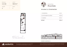 1 pokój, mieszkanie 30,18 m², piętro 1, oferta nr 2.A.1.02, Murapol RiverSide, Wrocław, Szczepin, ul. Gnieźnieńska