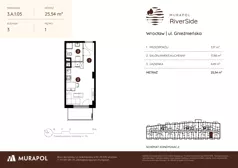 1 pokój, mieszkanie 25,54 m², piętro 1, oferta nr 3.A.1.05, Murapol RiverSide, Wrocław, Szczepin, ul. Gnieźnieńska
