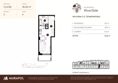 1 pokój, mieszkanie 30,20 m², piętro 4, oferta nr 3.A.4.08, Murapol RiverSide, Wrocław, Szczepin, ul. Gnieźnieńska