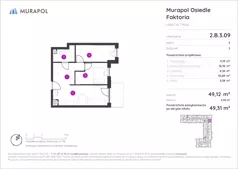 2 pokoje, mieszkanie 49,31 m², piętro 3, oferta nr 2.B.3.09, Murapol Osiedle Faktoria, Łódź, Polesie, Stare Polesie, al. 1 Maja