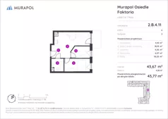 2 pokoje, mieszkanie 43,77 m², piętro 4, oferta nr 2.B.4.11, Murapol Osiedle Faktoria, Łódź, Polesie, Stare Polesie, al. 1 Maja