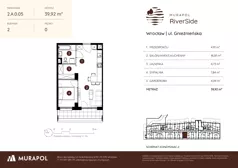 2 pokoje, mieszkanie 39,92 m², parter, oferta nr 2.A.0.05, Murapol RiverSide, Wrocław, Szczepin, ul. Gnieźnieńska