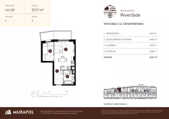 2 pokoje, mieszkanie 31,57 m², piętro 1, oferta nr 1.A.1.01, Murapol RiverSide, Wrocław, Szczepin, ul. Gnieźnieńska