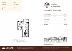 2 pokoje, mieszkanie 43,57 m², piętro 1, oferta nr 3.A.1.01, Murapol RiverSide, Wrocław, Szczepin, ul. Gnieźnieńska