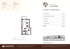 2 pokoje, mieszkanie 44,27 m², piętro 2, oferta nr 3.A.2.09, Murapol RiverSide, Wrocław, Szczepin, ul. Gnieźnieńska