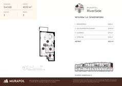 2 pokoje, mieszkanie 43,12 m², piętro 3, oferta nr 3.A.3.02, Murapol RiverSide, Wrocław, Szczepin, ul. Gnieźnieńska