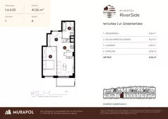 2 pokoje, mieszkanie 41,36 m², piętro 4, oferta nr 1.A.4.03, Murapol RiverSide, Wrocław, Szczepin, ul. Gnieźnieńska