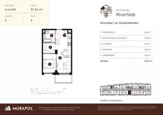 2 pokoje, mieszkanie 37,42 m², piętro 4, oferta nr 2.A.4.04, Murapol RiverSide, Wrocław, Szczepin, ul. Gnieźnieńska