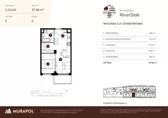 2 pokoje, mieszkanie 37,48 m², piętro 6, oferta nr 2.A.6.04, Murapol RiverSide, Wrocław, Szczepin, ul. Gnieźnieńska
