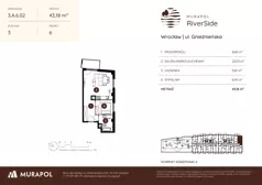 2 pokoje, mieszkanie 43,18 m², piętro 6, oferta nr 3.A.6.02, Murapol RiverSide, Wrocław, Szczepin, ul. Gnieźnieńska