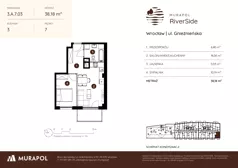 2 pokoje, mieszkanie 38,23 m², piętro 7, oferta nr 3.A.7.03, Murapol RiverSide, Wrocław, Szczepin, ul. Gnieźnieńska
