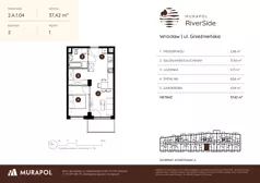 2 pokoje, mieszkanie 37,42 m², piętro 1, oferta nr 2.A.1.04, Murapol RiverSide, Wrocław, Szczepin, ul. Gnieźnieńska