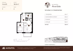 2 pokoje, mieszkanie 38,23 m², piętro 6, oferta nr 3.A.6.03, Murapol RiverSide, Wrocław, Szczepin, ul. Gnieźnieńska