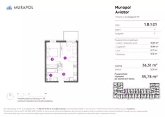 2 pokoje, apartament inwestycyjny 35,78 m², piętro 1, oferta nr 1.B.1.01, Murapol Aviator, Toruń, Koniuchy, ul. Grudziądzka