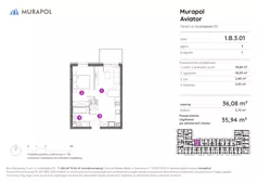2 pokoje, apartament inwestycyjny 35,94 m², piętro 3, oferta nr 1.B.3.01, Murapol Aviator, Toruń, Koniuchy, ul. Grudziądzka