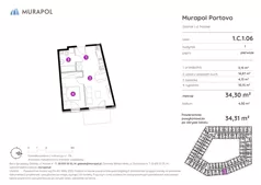 2 pokoje, apartament inwestycyjny 34,31 m², piętro 1, oferta nr 1.C.1.06, Murapol Portovo, Gdańsk, Śródmieście, ul. Mostek