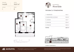 3 pokoje, mieszkanie 53,07 m², parter, oferta nr 1.A.0.05, Murapol RiverSide, Wrocław, Szczepin, ul. Gnieźnieńska