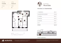 3 pokoje, mieszkanie 52,21 m², parter, oferta nr 1.A.0.06, Murapol RiverSide, Wrocław, Szczepin, ul. Gnieźnieńska