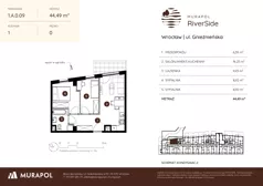 3 pokoje, mieszkanie 44,49 m², parter, oferta nr 1.A.0.09, Murapol RiverSide, Wrocław, Szczepin, ul. Gnieźnieńska