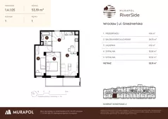 3 pokoje, mieszkanie 53,19 m², piętro 1, oferta nr 1.A.1.05, Murapol RiverSide, Wrocław, Szczepin, ul. Gnieźnieńska