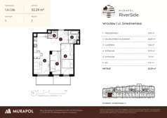 3 pokoje, mieszkanie 52,29 m², piętro 1, oferta nr 1.A.1.06, Murapol RiverSide, Wrocław, Szczepin, ul. Gnieźnieńska