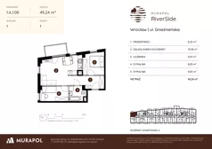 3 pokoje, mieszkanie 49,24 m², piętro 1, oferta nr 1.A.1.08, Murapol RiverSide, Wrocław, Szczepin, ul. Gnieźnieńska