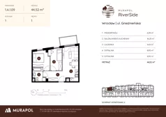 3 pokoje, mieszkanie 44,52 m², piętro 1, oferta nr 1.A.1.09, Murapol RiverSide, Wrocław, Szczepin, ul. Gnieźnieńska