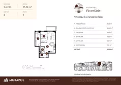 3 pokoje, mieszkanie 55,58 m², piętro 2, oferta nr 2.A.2.01, Murapol RiverSide, Wrocław, Szczepin, ul. Gnieźnieńska
